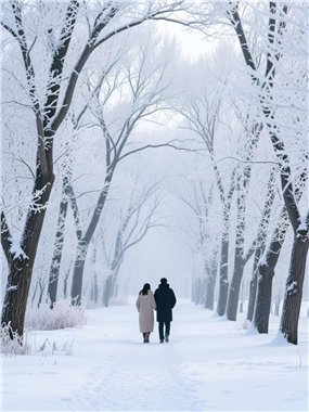 冬季树林雾凇雪景情侣背影图片